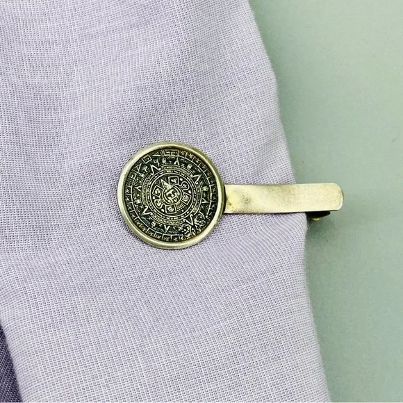 Vintage Sterling Silver Aztec Mayan Sun Calendar Tie Clip 925 - Picture 5 of 13